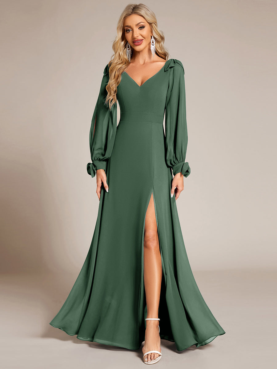 Robe de demoiselle d'honneur à manches fendues et dos nu #Couleur_Eucalyptus