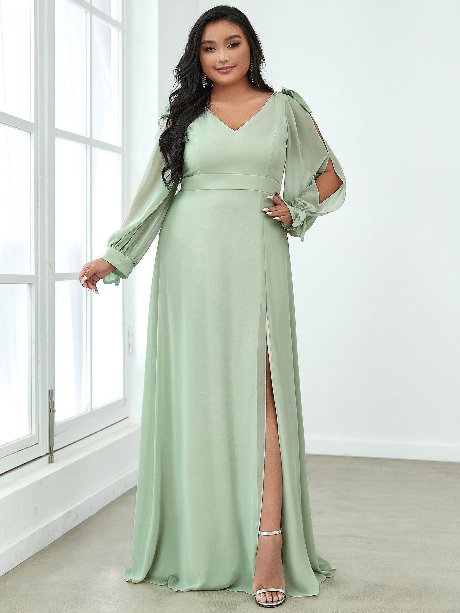 Robe invitée mariage à manches fendues et dos nu #Couleur_Menthe Verte