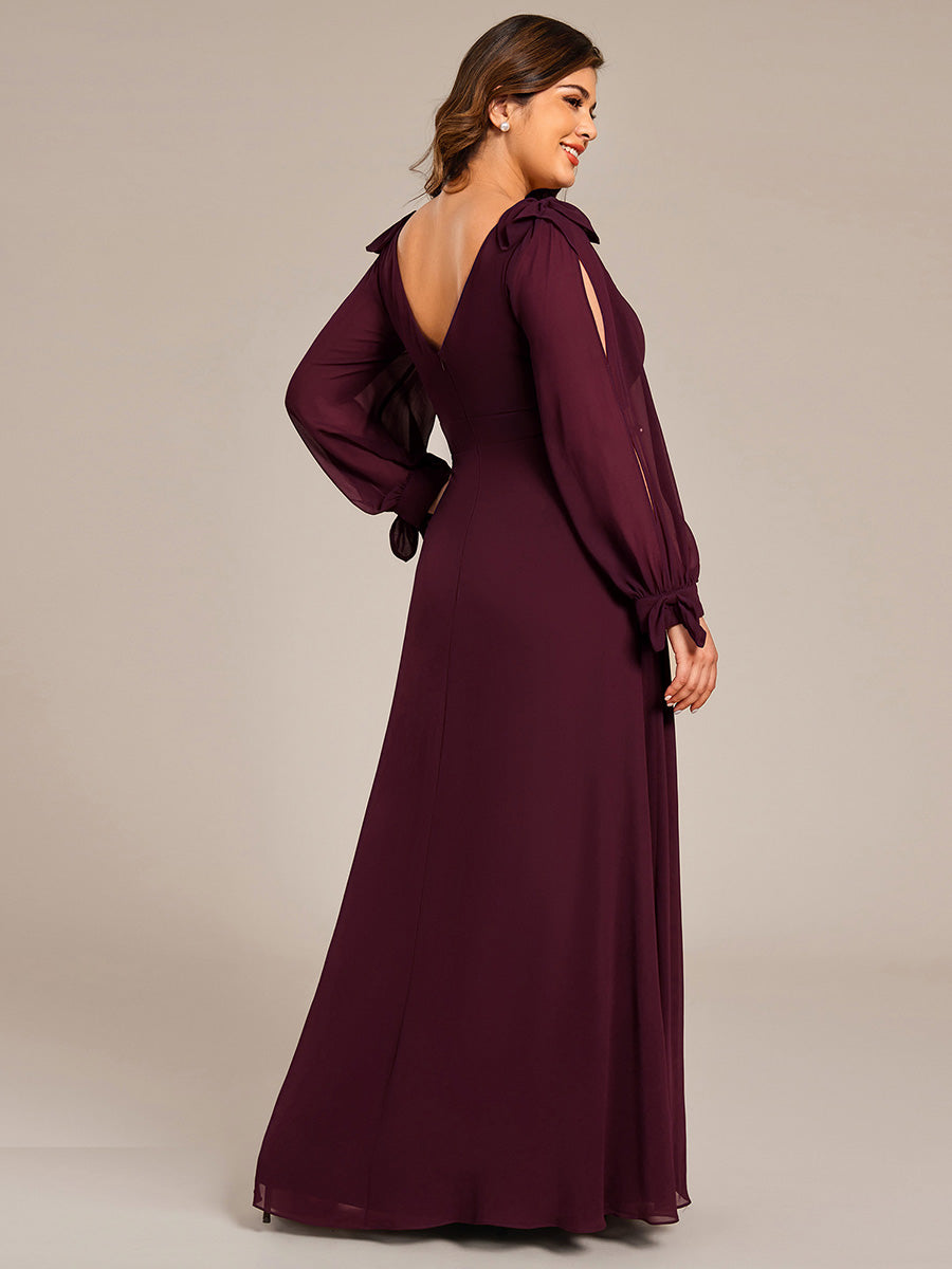 Robe de demoiselle d'honneur fendue à manches longues et col en V de grande taille #Couleur_Pourpre
