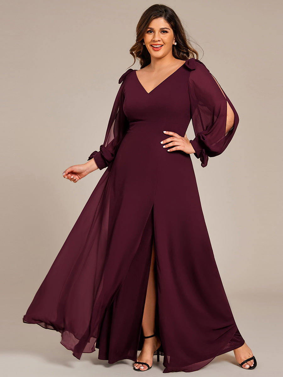 Robe de demoiselle d'honneur fendue à manches longues et col en V de grande taille #Couleur_Pourpre