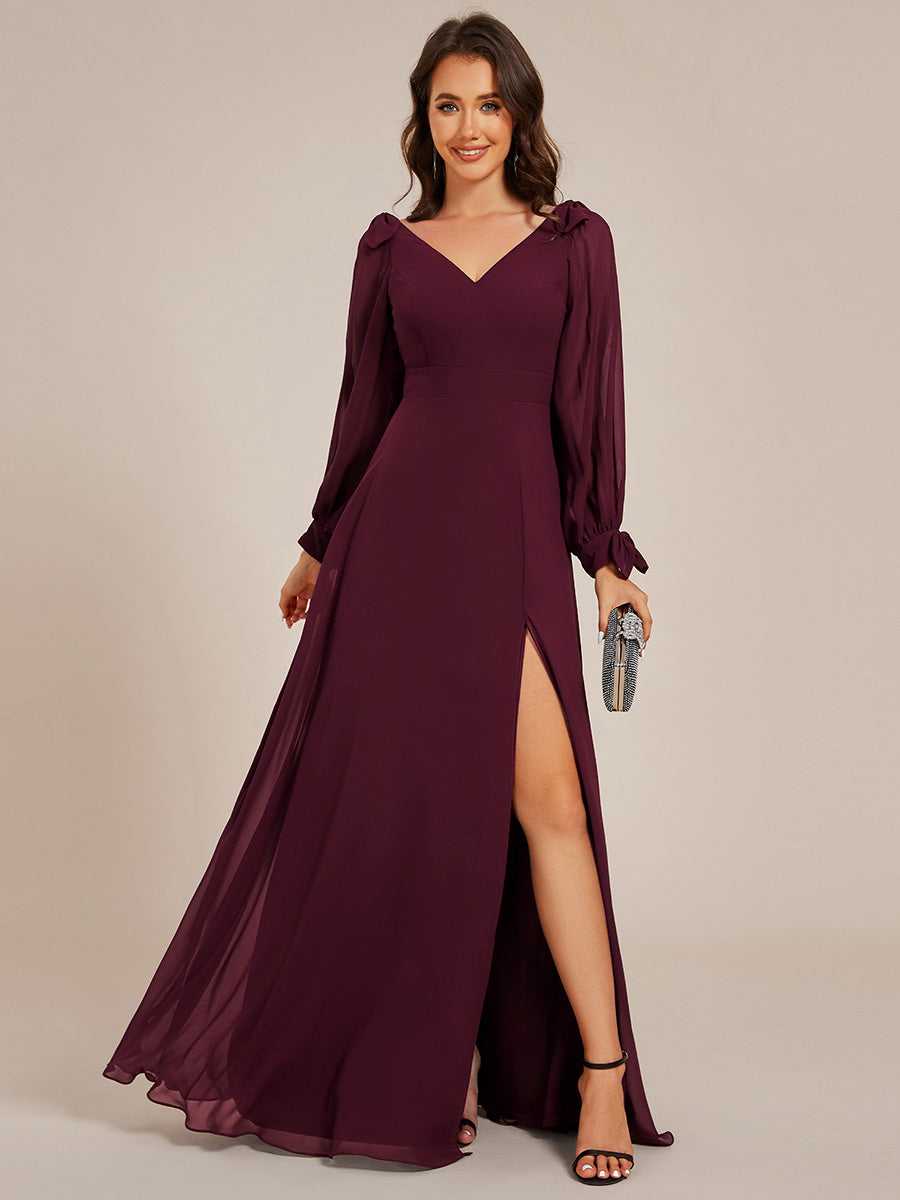 Robe de demoiselle d'honneur à manches fendues et dos nu #Couleur_Pourpre