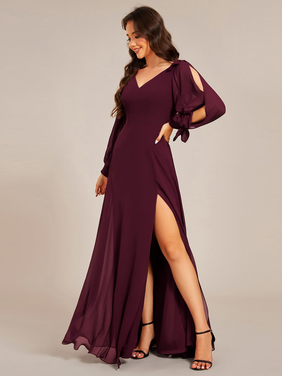 Robe de demoiselle d'honneur à manches fendues et dos nu #Couleur_Pourpre