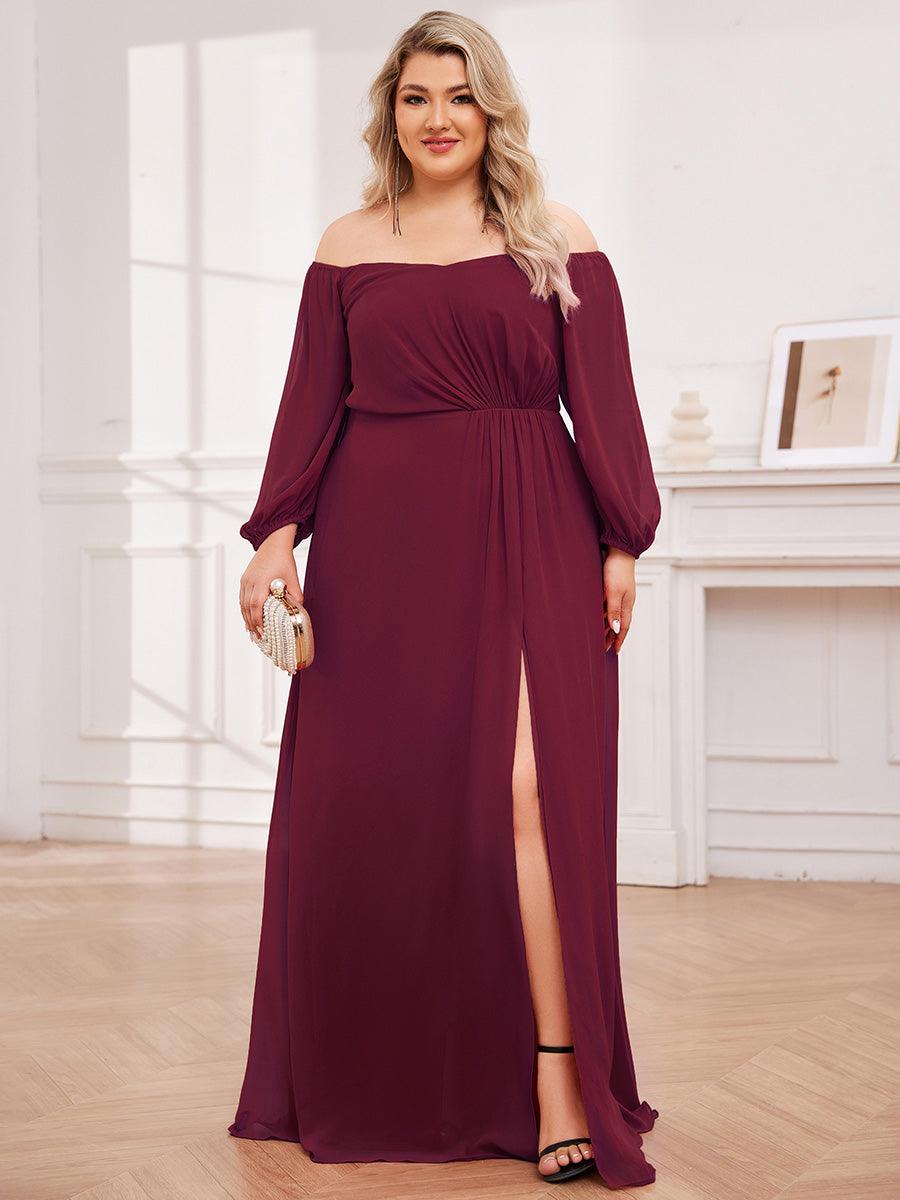 Robes de demoiselle d'honneur à manches longues en mousseline à épaules dénudées #Couleur_Bordeaux