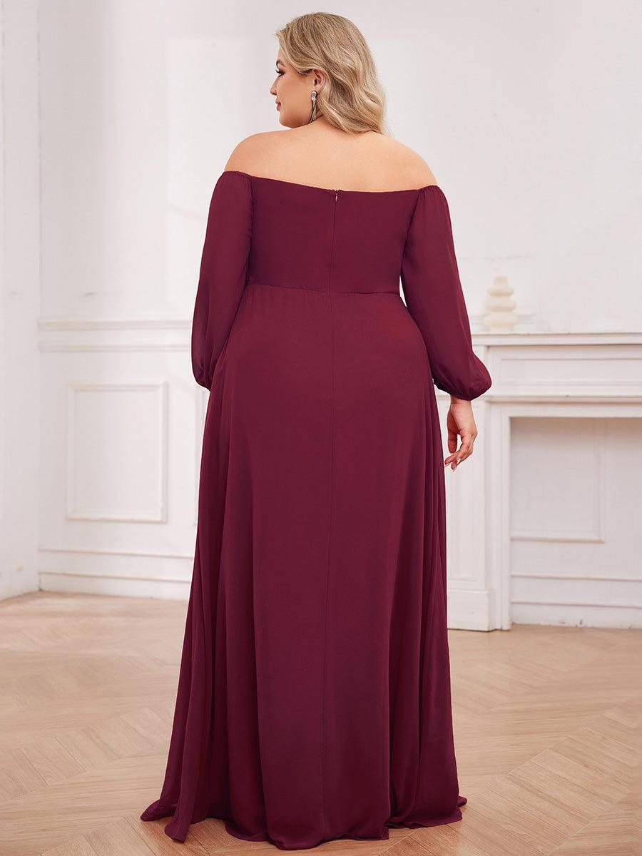 Robes de demoiselle d'honneur à manches longues en mousseline à épaules dénudées #Couleur_Bordeaux