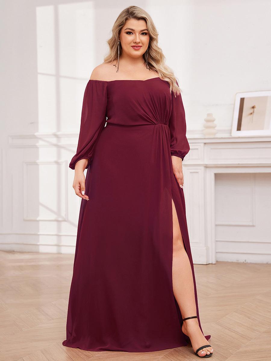 Robes de demoiselle d'honneur à manches longues en mousseline à épaules dénudées #Couleur_Bordeaux