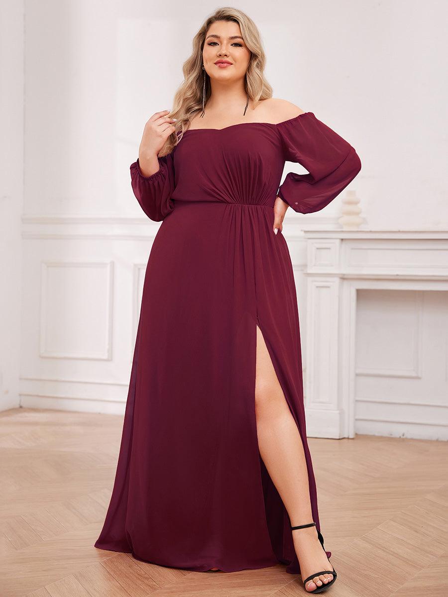 Robes de demoiselle d'honneur à manches longues en mousseline à épaules dénudées #Couleur_Bordeaux