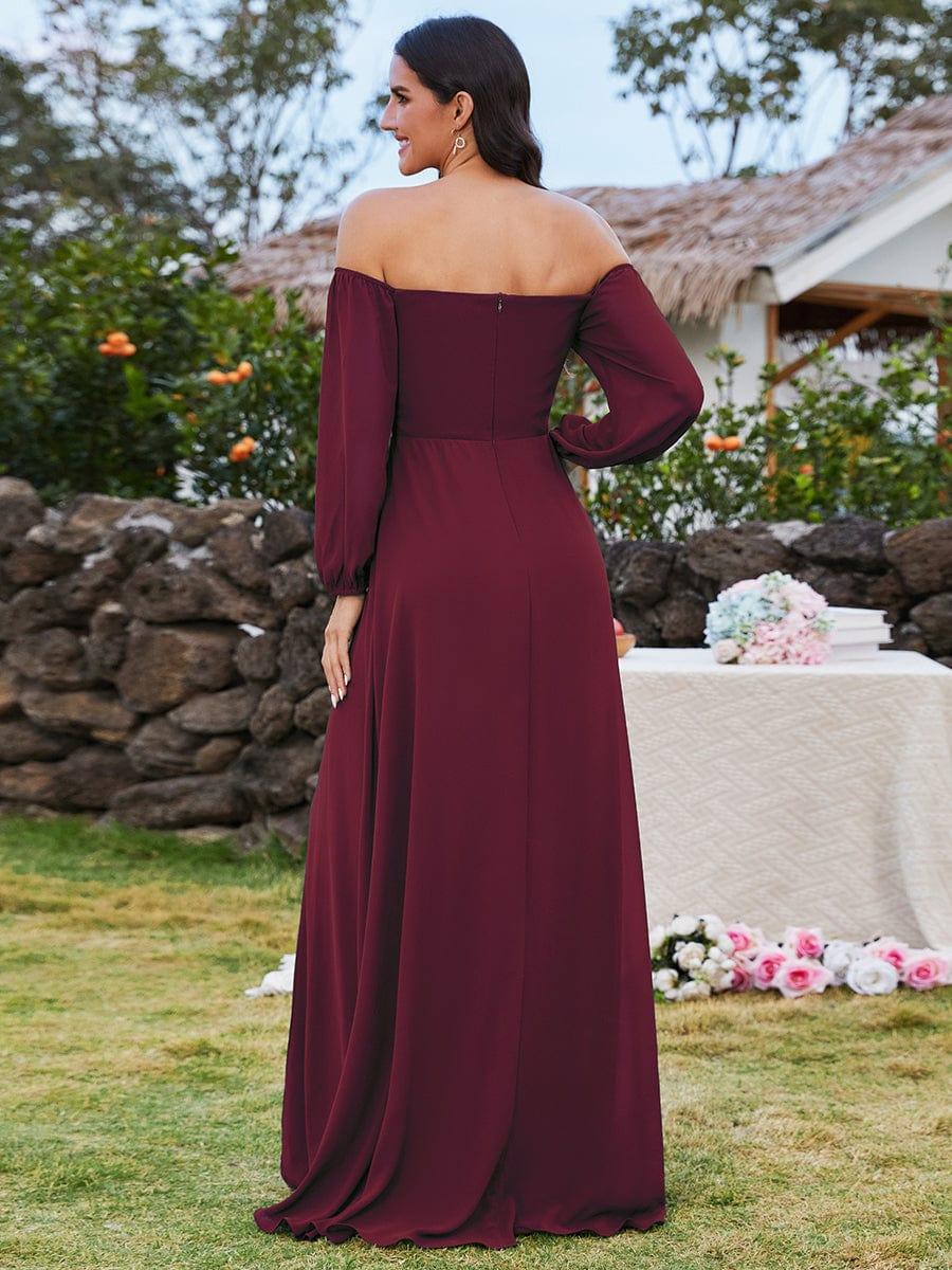Robes de demoiselle d'honneur à manches longues en mousseline à épaules dénudées #Couleur_Bordeaux