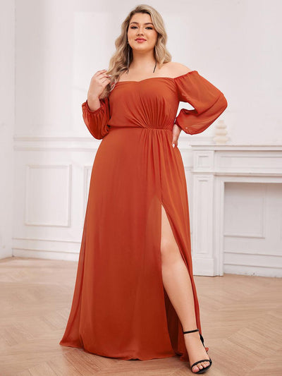 pretty DANICA|Robe de demoiselle d'honneur plissée taille haute fendue de grande taille avec manches longues