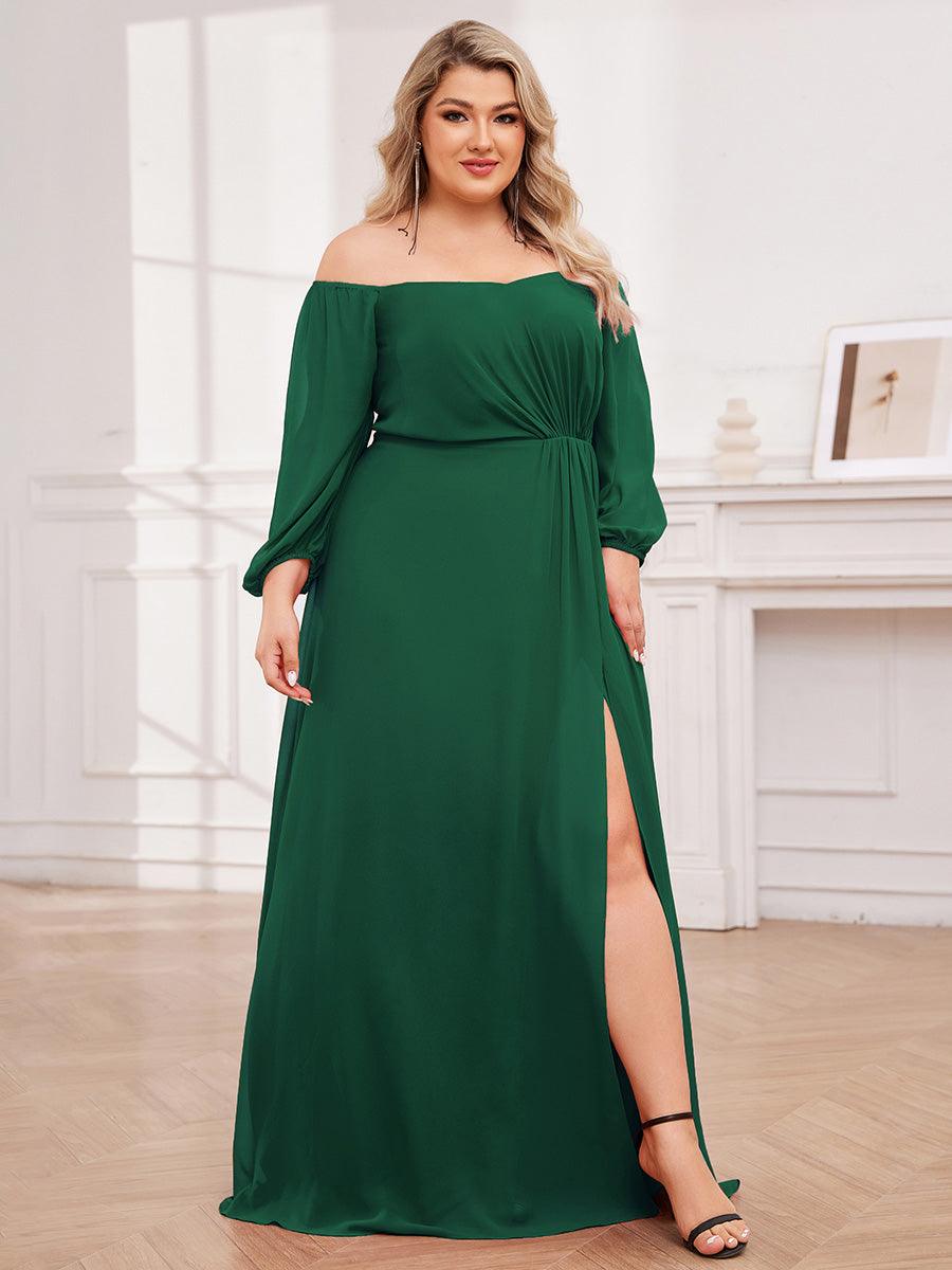 Robes de demoiselle d'honneur à manches longues en mousseline à épaules dénudées #Couleur_Vert Fonce