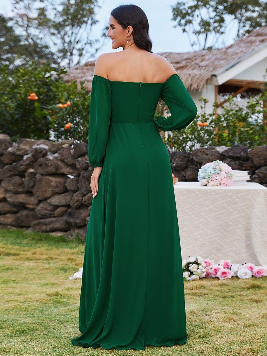 Robes de demoiselle d'honneur à manches longues en mousseline à épaules dénudées #Couleur_Vert Fonce