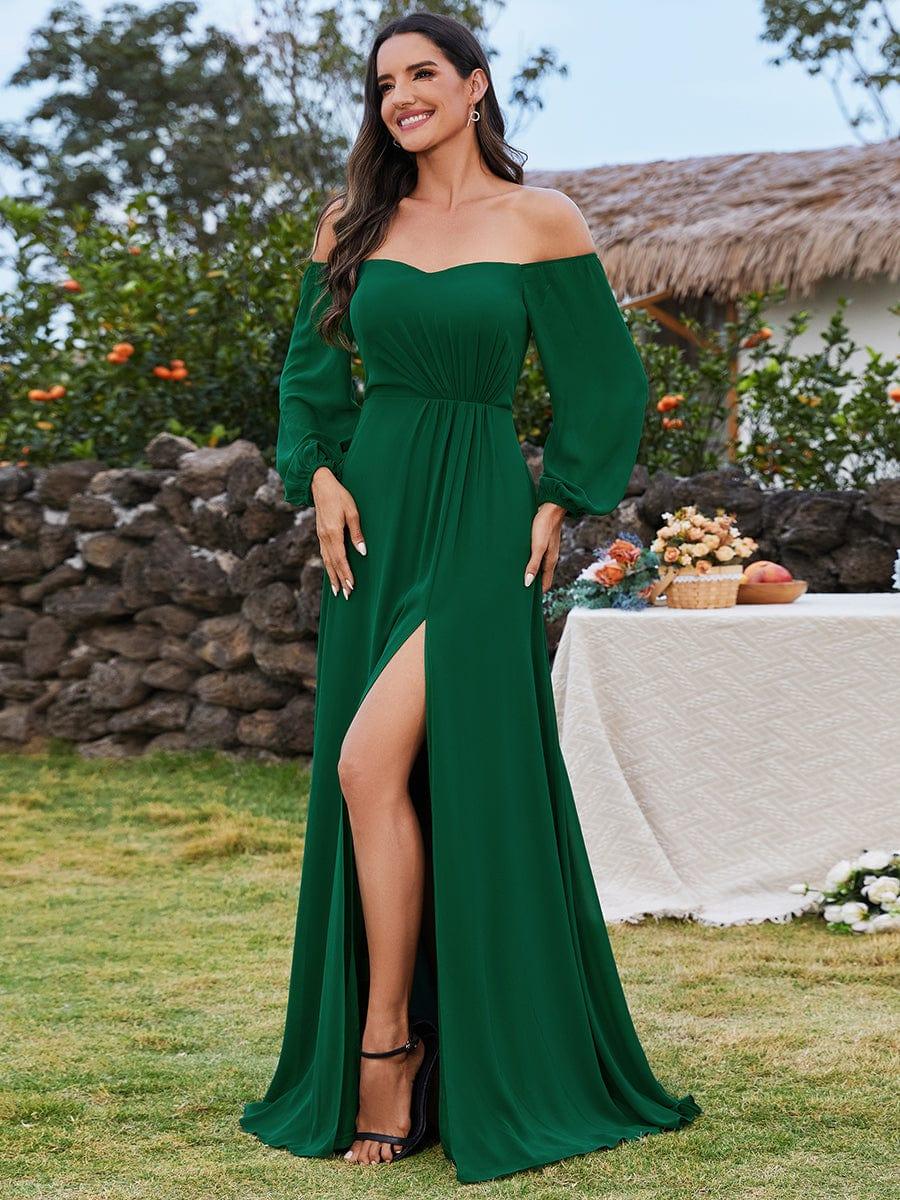 Robes de demoiselle d'honneur à manches longues en mousseline à épaules dénudées #Couleur_Vert Fonce