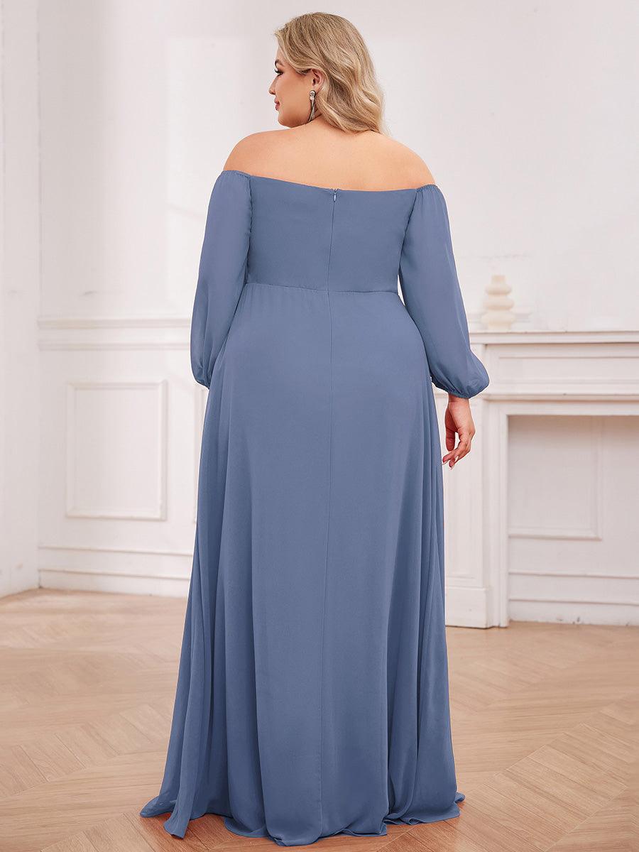 Robes de demoiselle d'honneur à manches longues en mousseline à épaules dénudées #Couleur_Marine Fume