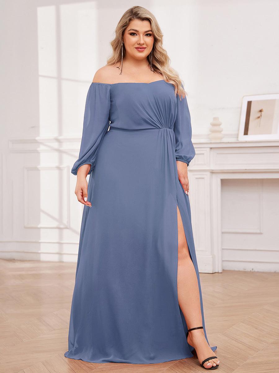 Robes de demoiselle d'honneur à manches longues en mousseline à épaules dénudées #Couleur_Marine Fume