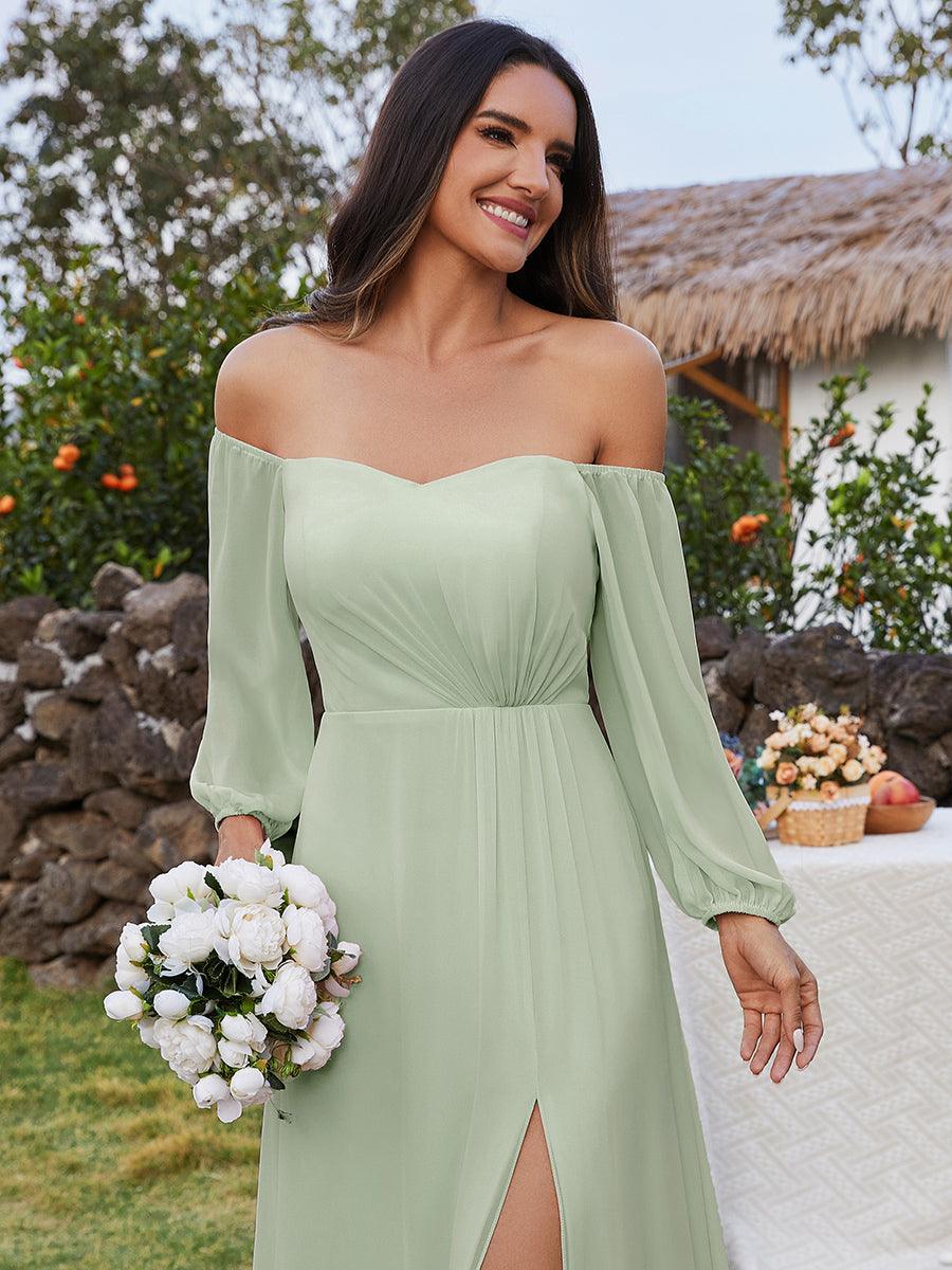 Robes de demoiselle d'honneur à manches longues en mousseline à épaules dénudées #Couleur_Menthe Verte