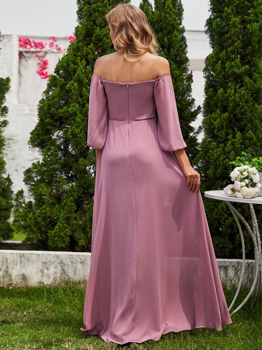 Robes de demoiselle d'honneur à manches longues en mousseline à épaules dénudées #Couleur_Orchidee