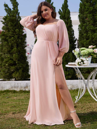 pretty DANICA|Robe de demoiselle d'honneur plissée taille haute fendue de grande taille avec manches longues
