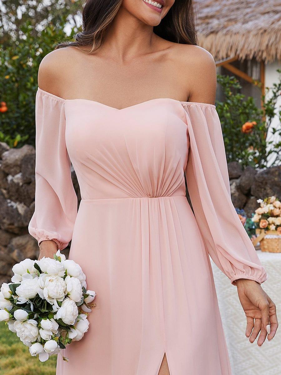 Robes de demoiselle d'honneur à manches longues en mousseline à épaules dénudées #Couleur_Rose