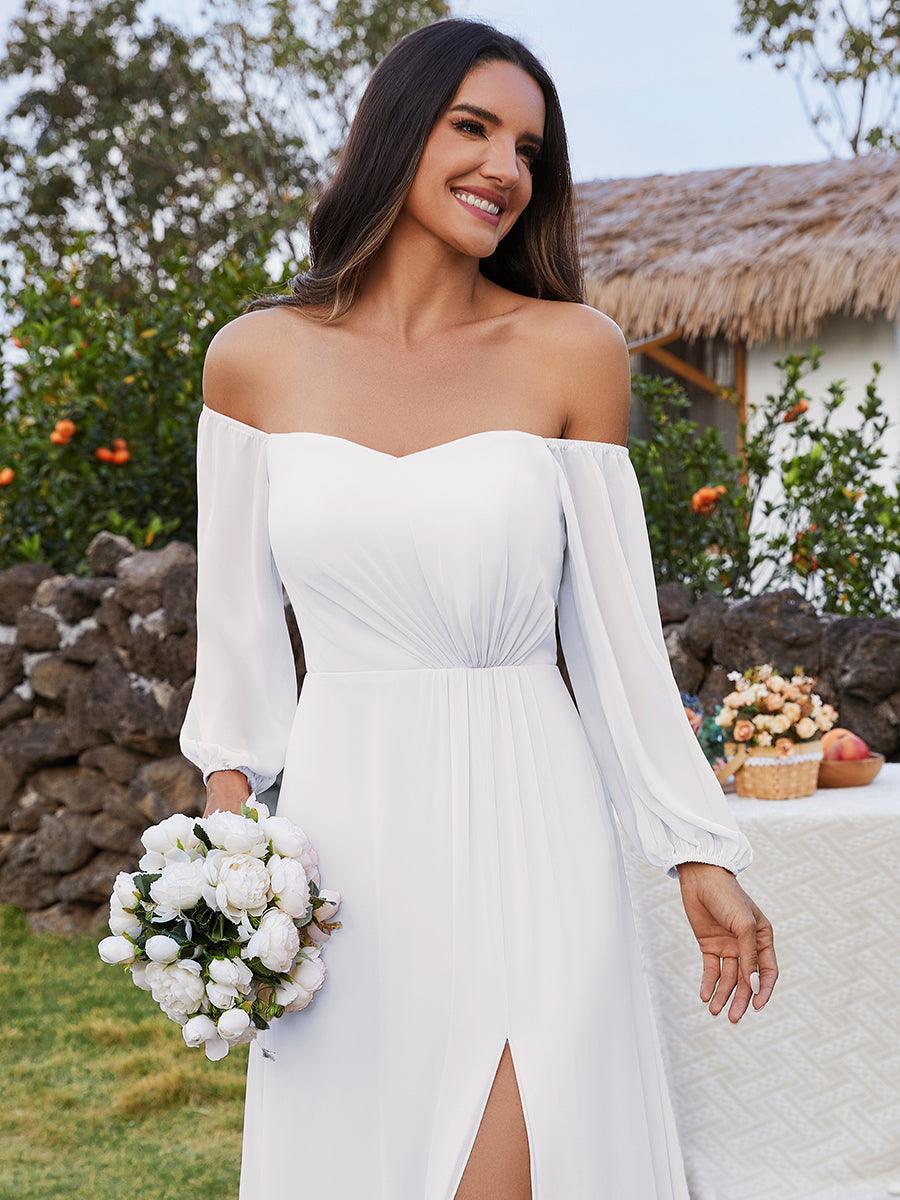 Robes de demoiselle d'honneur à manches longues en mousseline à épaules dénudées #Couleur_Blanc