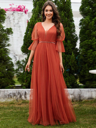ever HEIDY|Robe longue de demoiselle d'honneur fendue à manches longues lanterne(Vente finale)