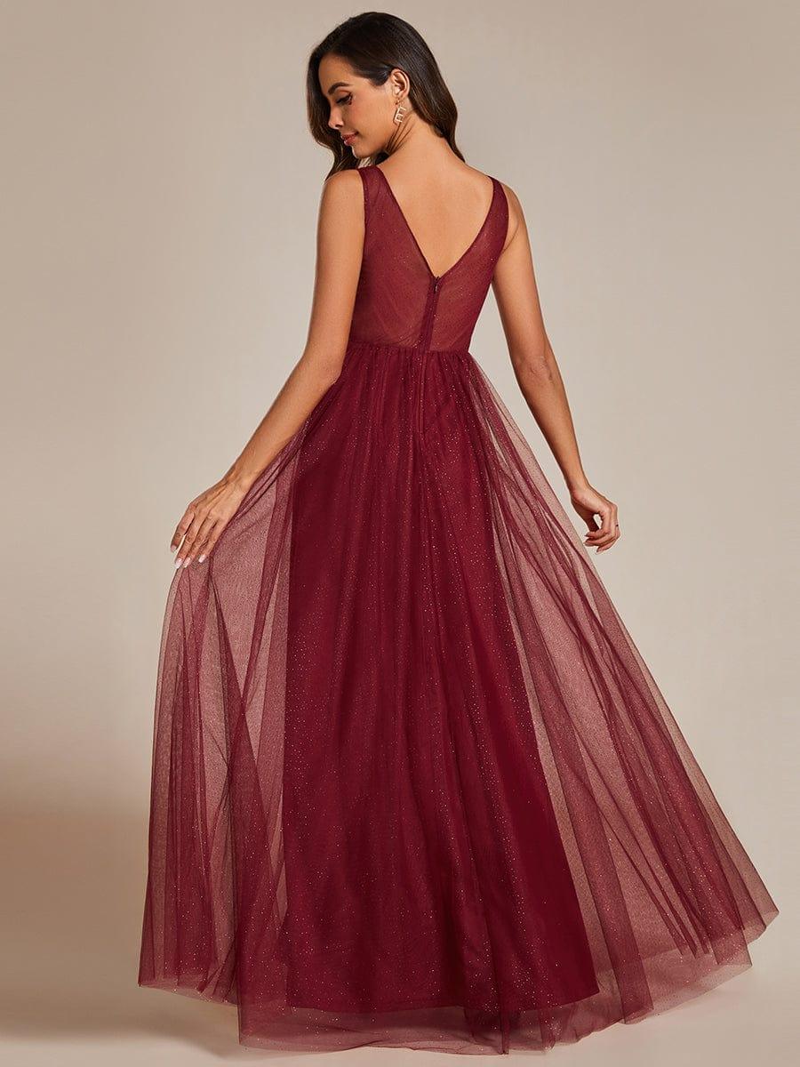 Robe de demoiselle d'honneur scintillante taille haute et fente avec col en V #Couleur_Bordeaux