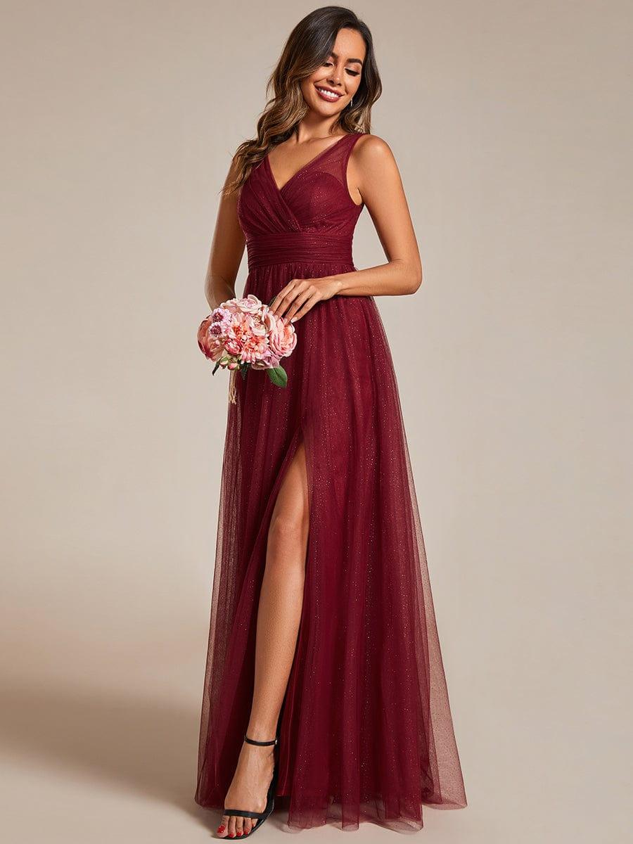 Robe de demoiselle d'honneur scintillante taille haute et fente avec col en V #Couleur_Bordeaux