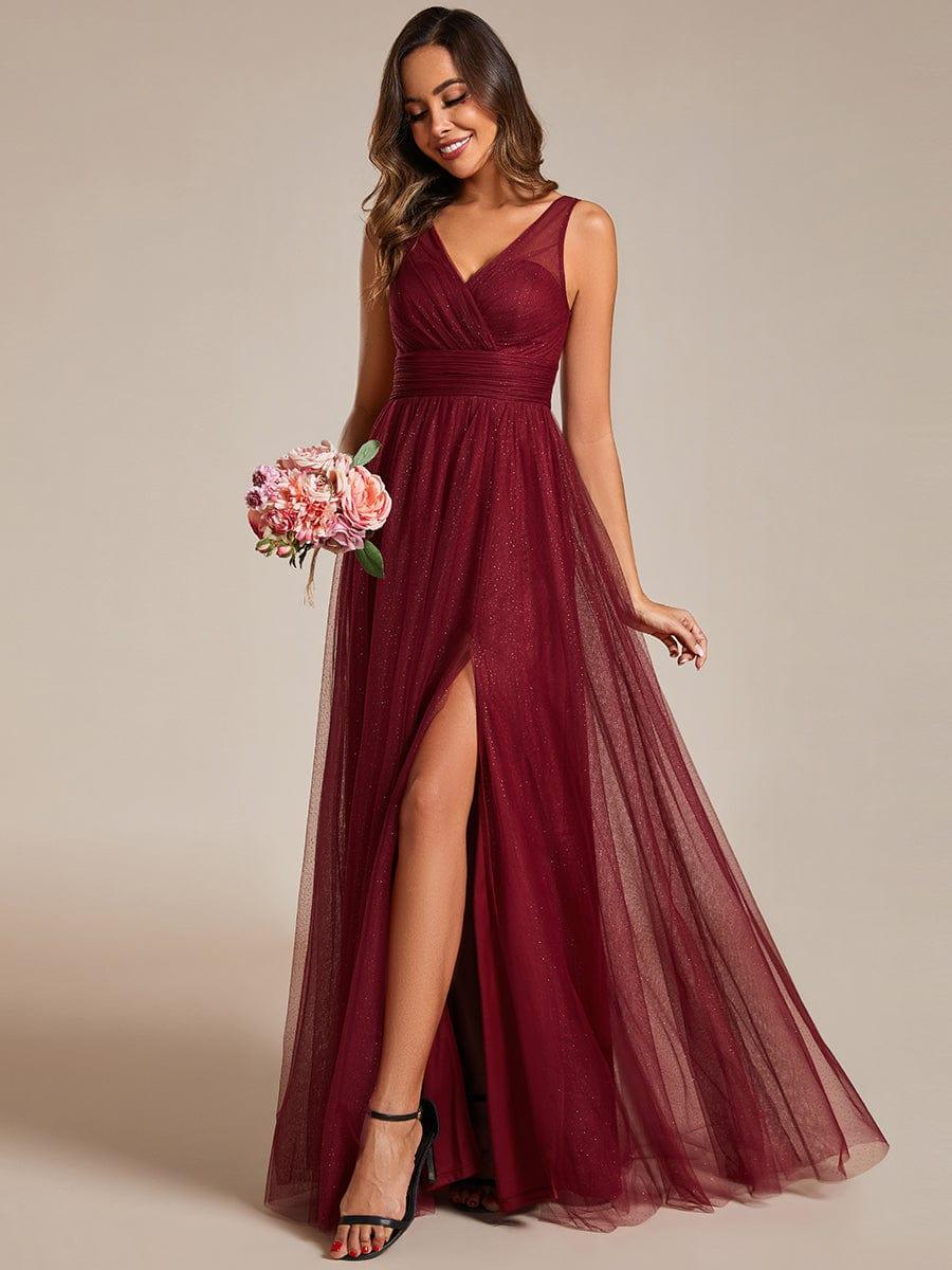 Robe de demoiselle d'honneur scintillante taille haute et fente avec col en V #Couleur_Bordeaux