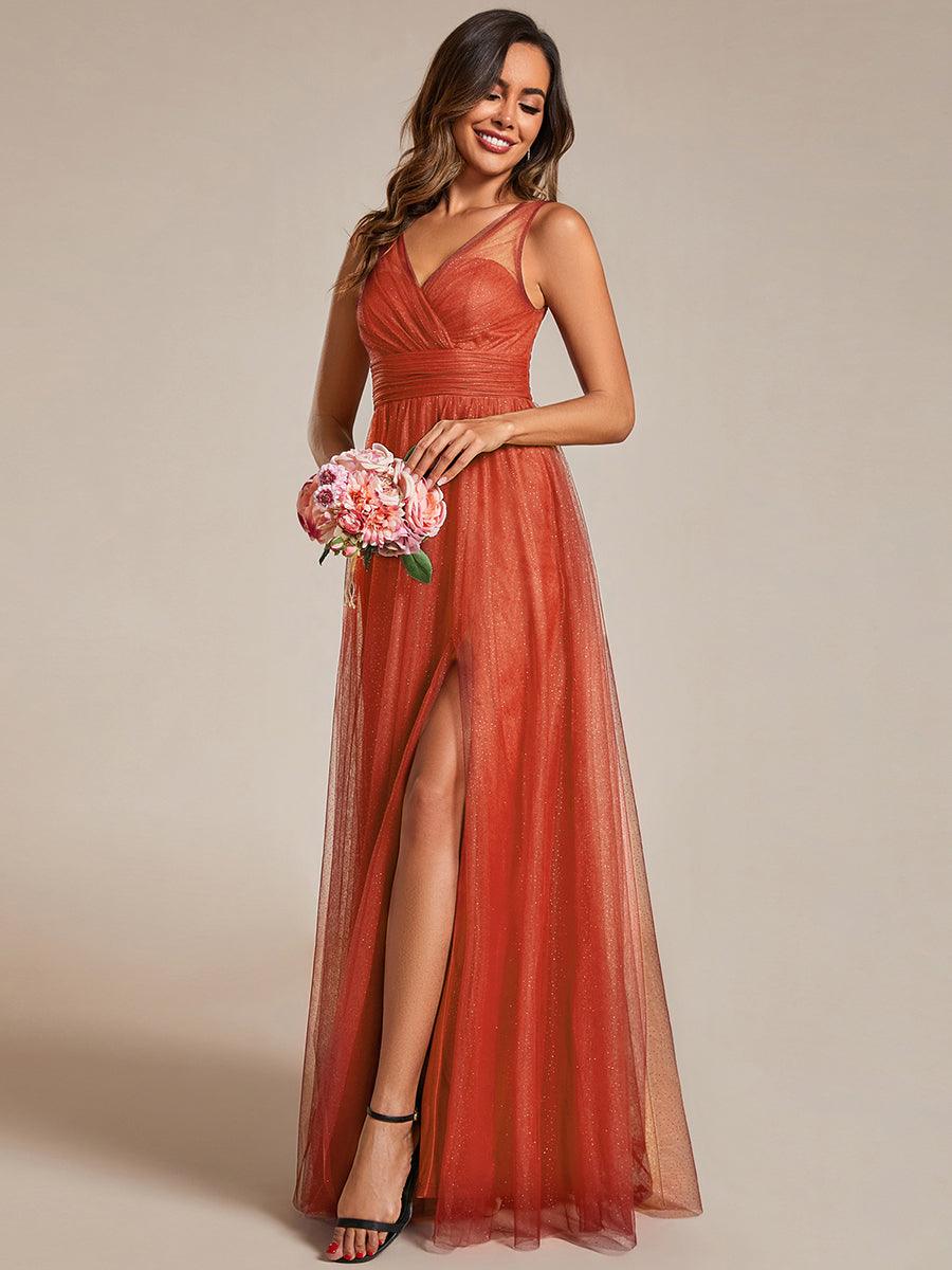 Robe de demoiselle d'honneur scintillante taille haute et fente avec col en V #Couleur_Burnt Orange
