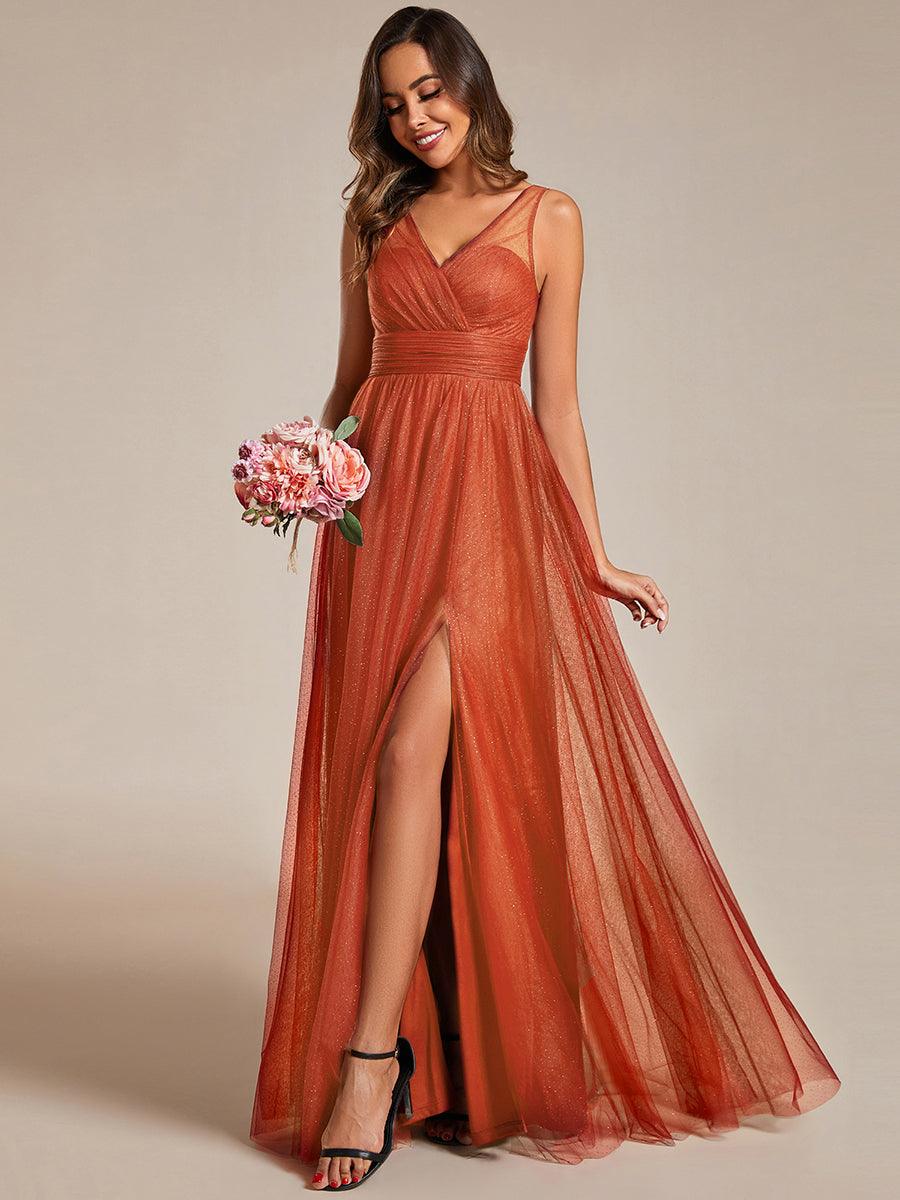 Robe de demoiselle d'honneur scintillante taille haute et fente avec col en V #Couleur_Burnt Orange