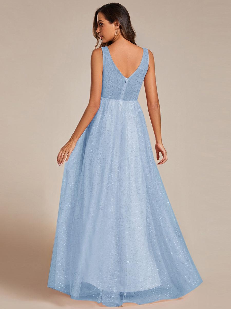 Robe de demoiselle d'honneur scintillante taille haute et fente avec col en V #Couleur_Bleu Clair
