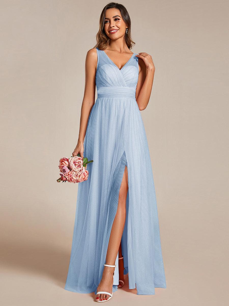 Robe de demoiselle d'honneur scintillante taille haute et fente avec col en V #Couleur_Bleu Clair