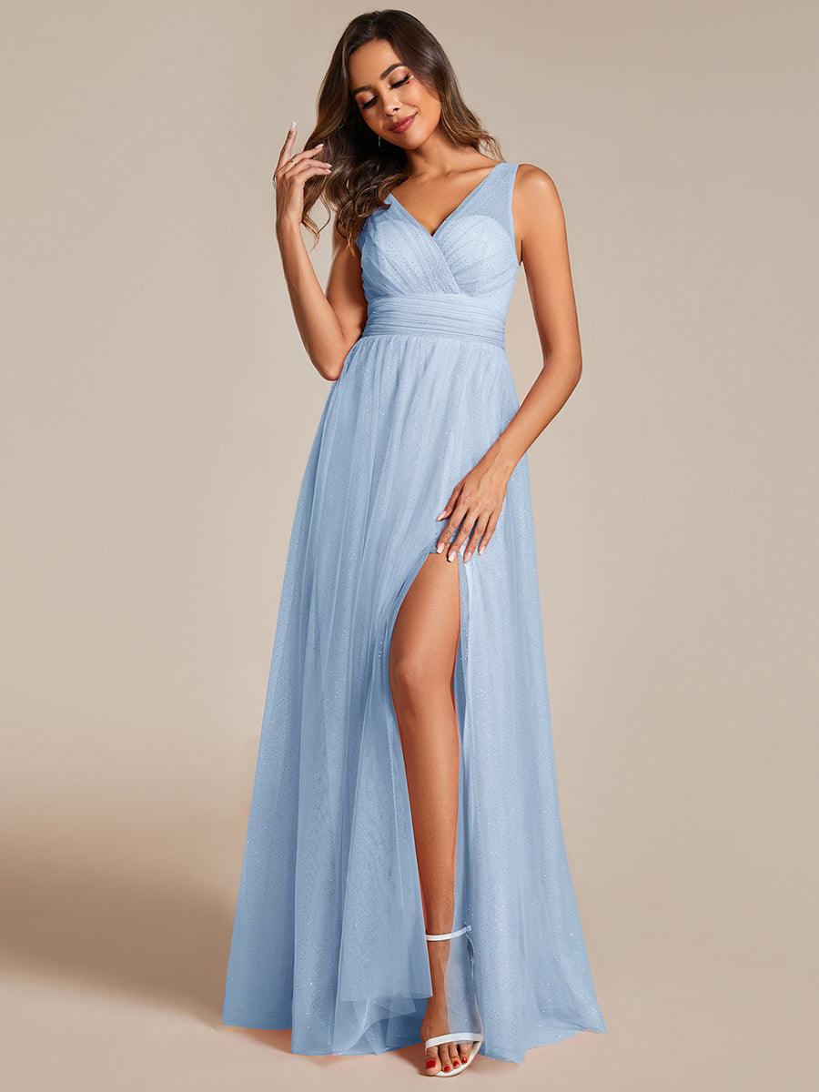 Robe de demoiselle d'honneur scintillante taille haute et fente avec col en V #Couleur_Bleu Clair