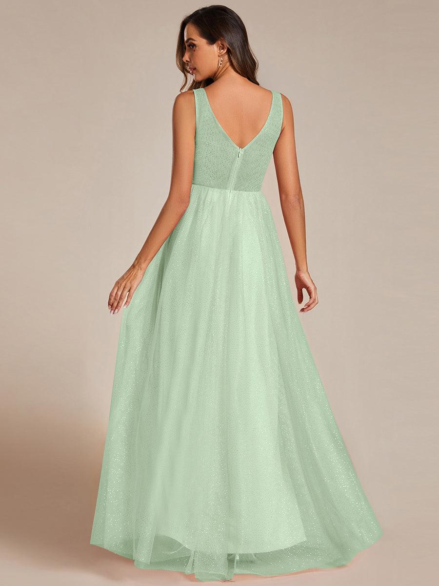 Robe de demoiselle d'honneur scintillante taille haute et fente avec col en V #Couleur_Menthe Verte