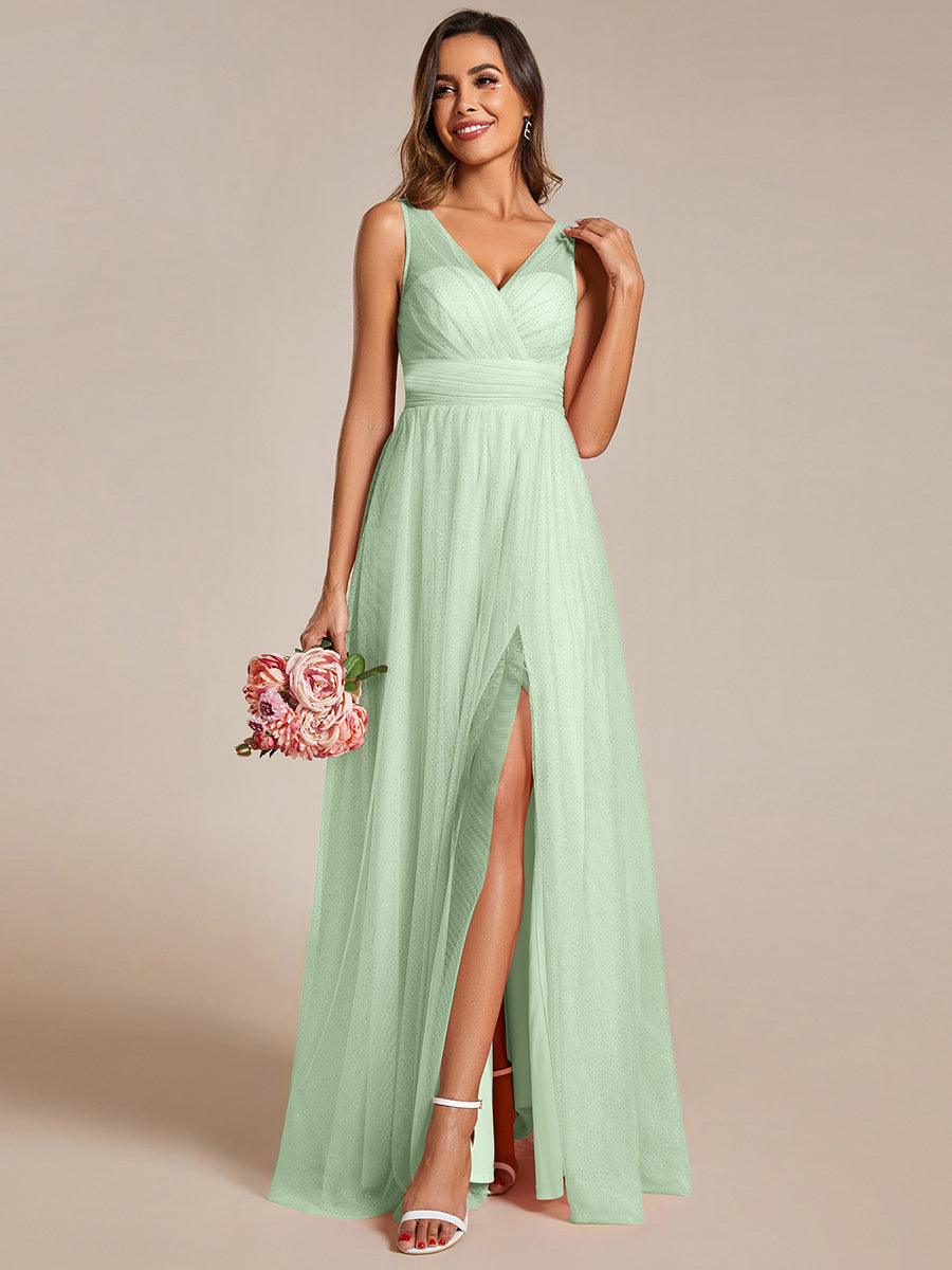 Robe de demoiselle d'honneur scintillante taille haute et fente avec col en V #Couleur_Menthe Verte