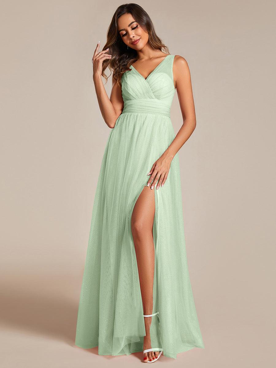 Robe de demoiselle d'honneur scintillante taille haute et fente avec col en V #Couleur_Menthe Verte