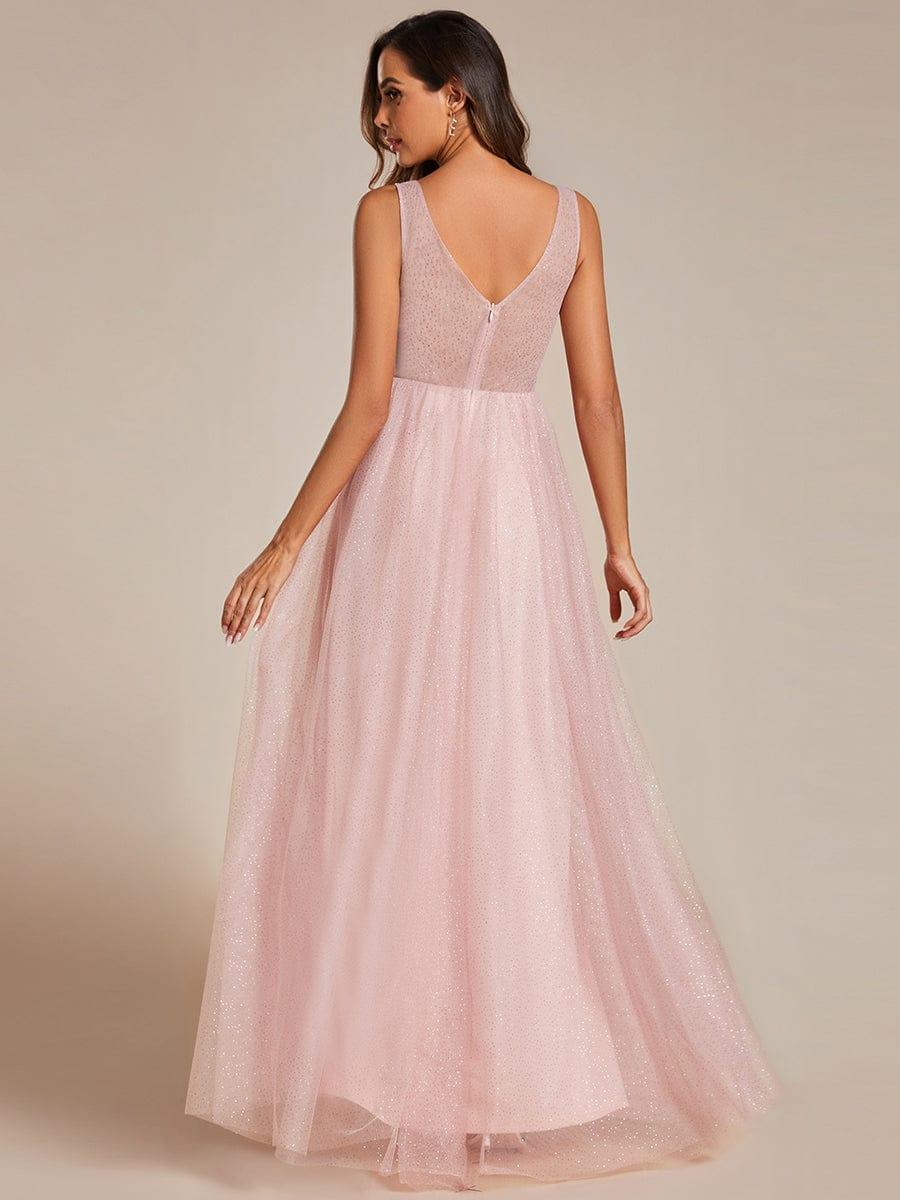 Robe de demoiselle d'honneur scintillante taille haute et fente avec col en V #Couleur_Rose