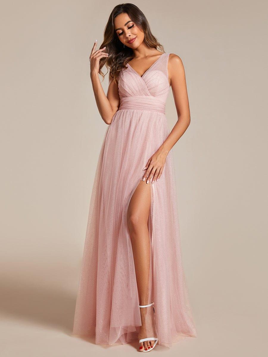 Robe de demoiselle d'honneur scintillante taille haute et fente avec col en V #Couleur_Rose