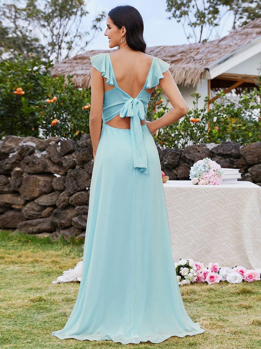 Robe de demoiselle d'honneur en mousseline à manches volantées et nœud papillon au dos avec fente haute et col en U #Couleur_Bleu Ciel