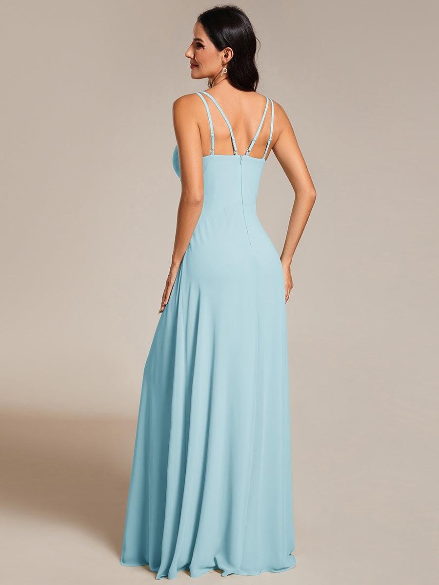 Robe de demoiselle d'honneur plissée chic à bretelles réglables et col en V #Couleur_Bleu Ciel