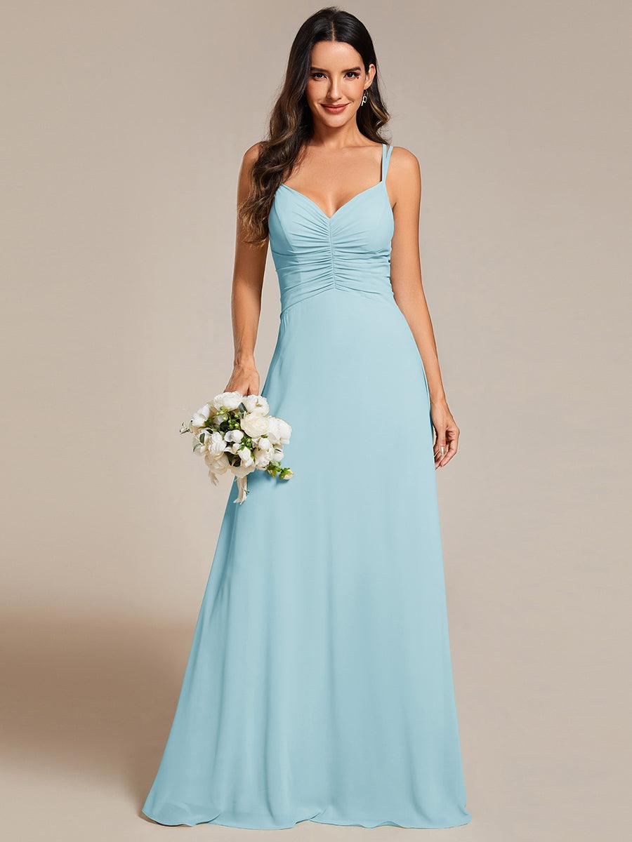Robe de demoiselle d'honneur plissée chic à bretelles réglables et col en V #Couleur_Bleu Ciel