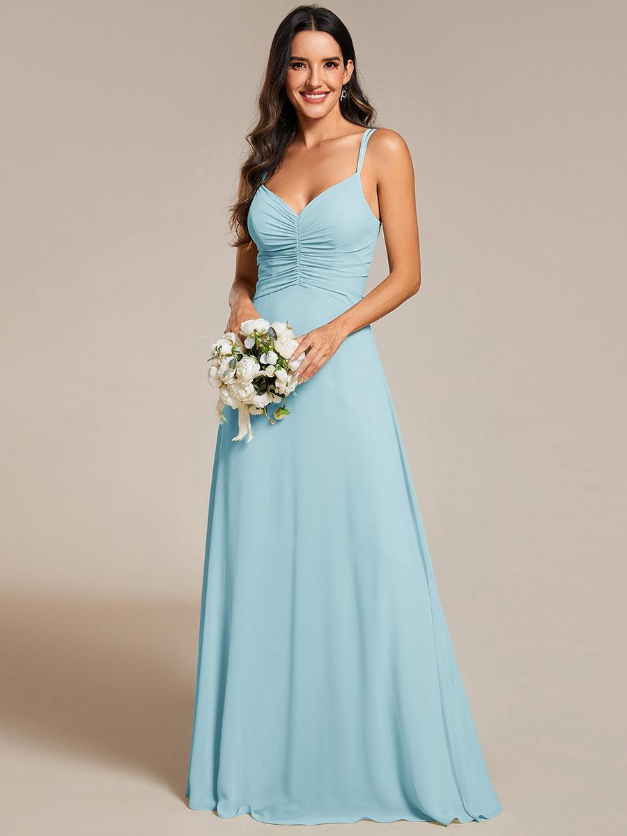 Robe de demoiselle d'honneur plissée chic à bretelles réglables et col en V #Couleur_Bleu Ciel