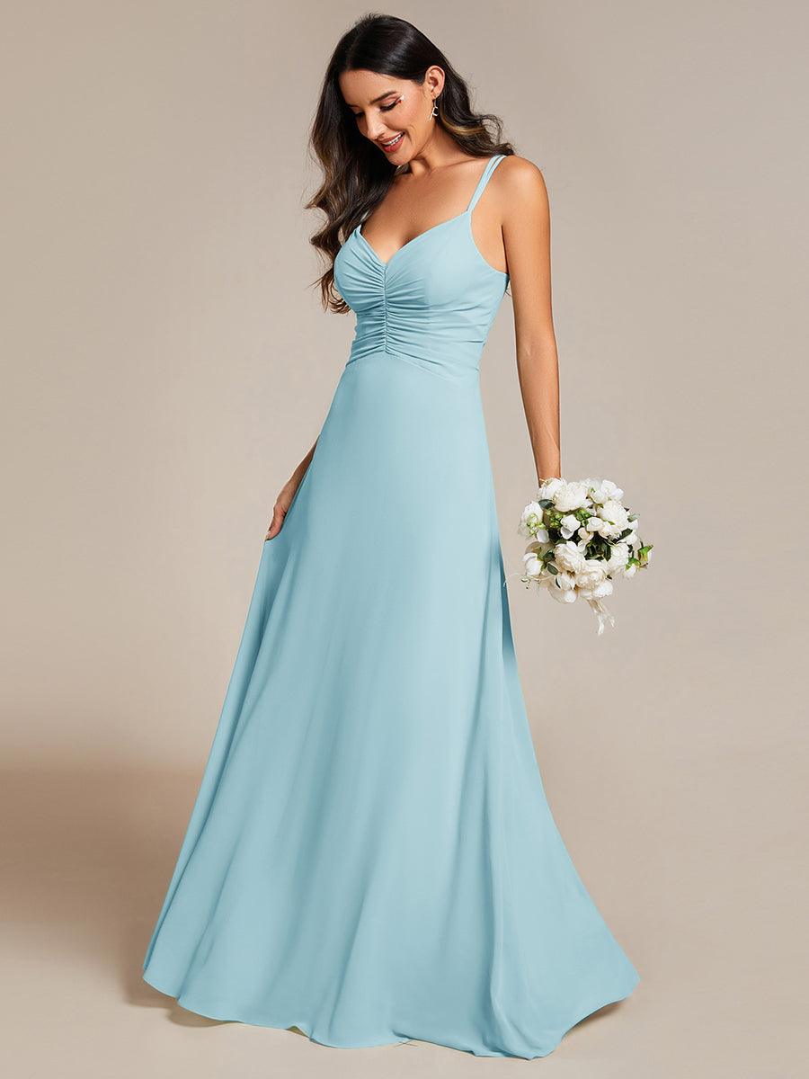 Robe de demoiselle d'honneur plissée chic à bretelles réglables et col en V #Couleur_Bleu Ciel