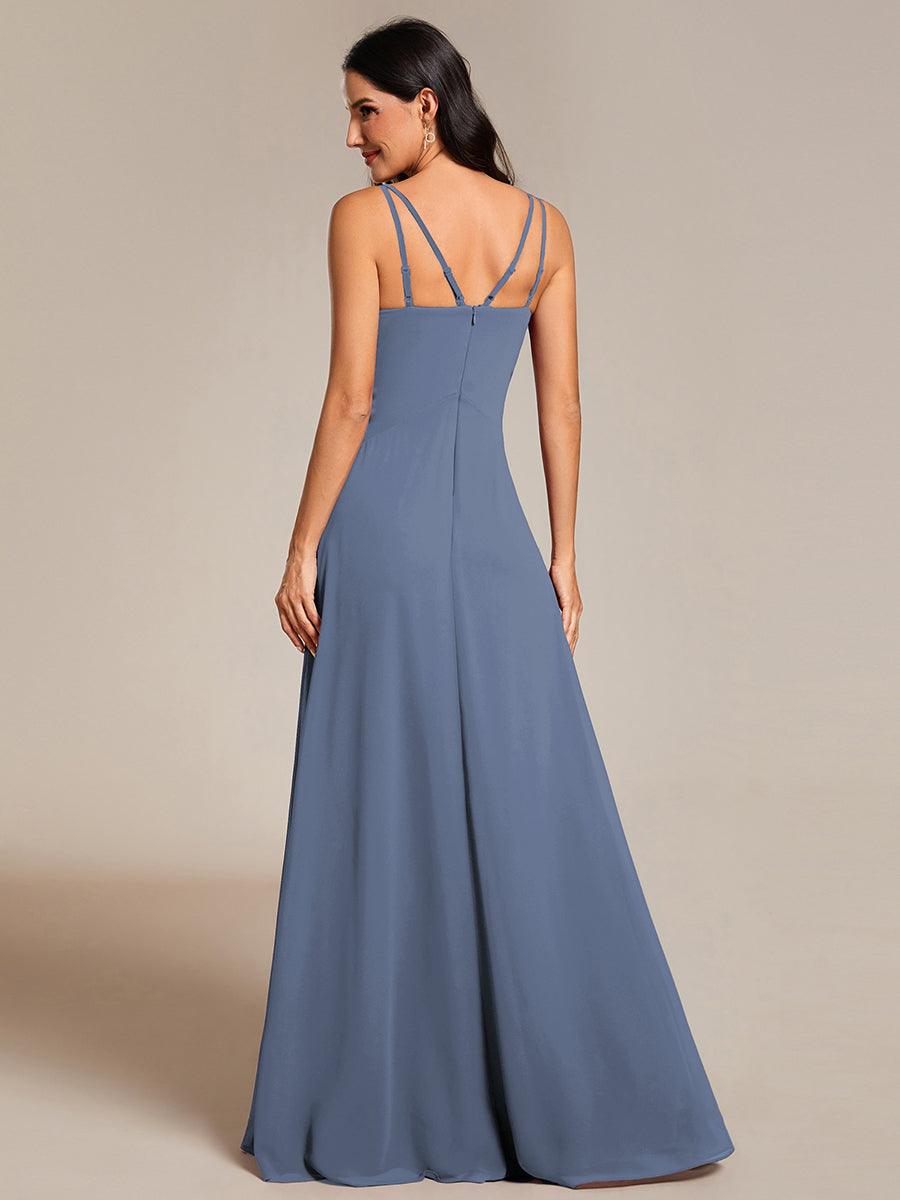 Robe de demoiselle d'honneur plissée chic à bretelles réglables et col en V #Couleur_Marine Fume
