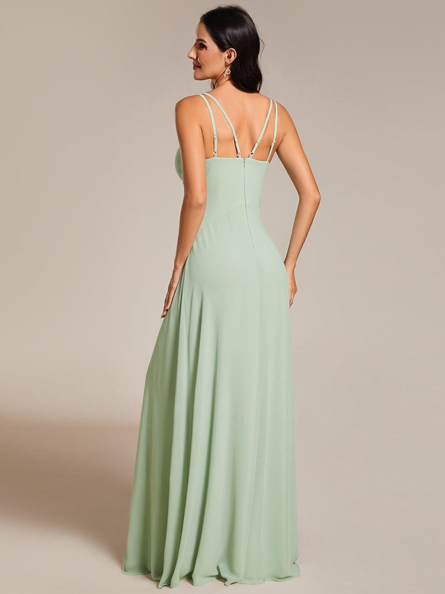 Robe de demoiselle d'honneur plissée chic à bretelles réglables et col en V #Couleur_Menthe Verte