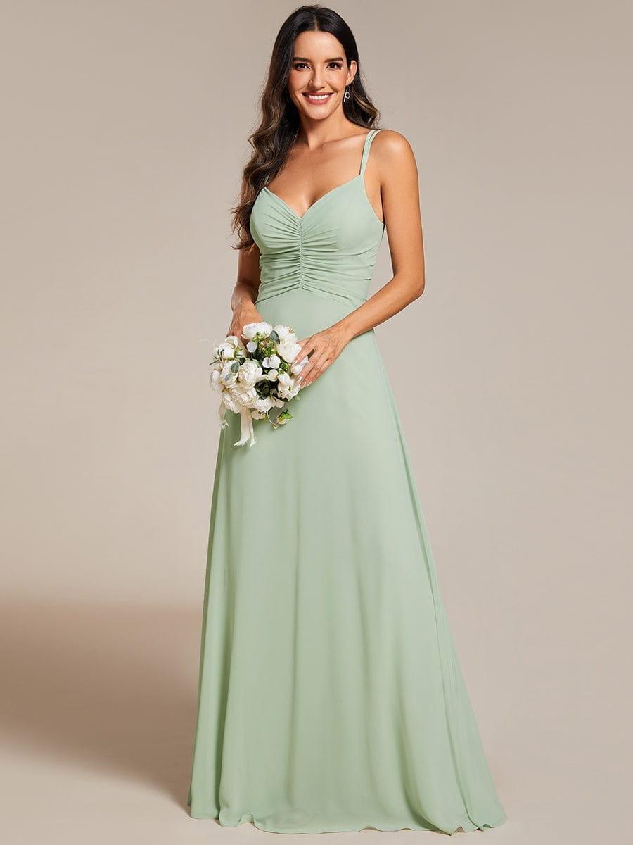 Robe de demoiselle d'honneur plissée chic à bretelles réglables et col en V #Couleur_Menthe Verte