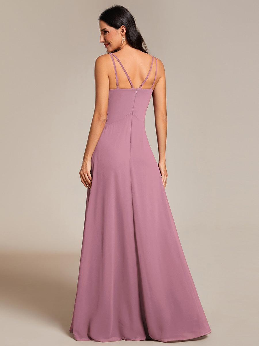 Robe de demoiselle d'honneur plissée chic à bretelles réglables et col en V #Couleur_Orchidee