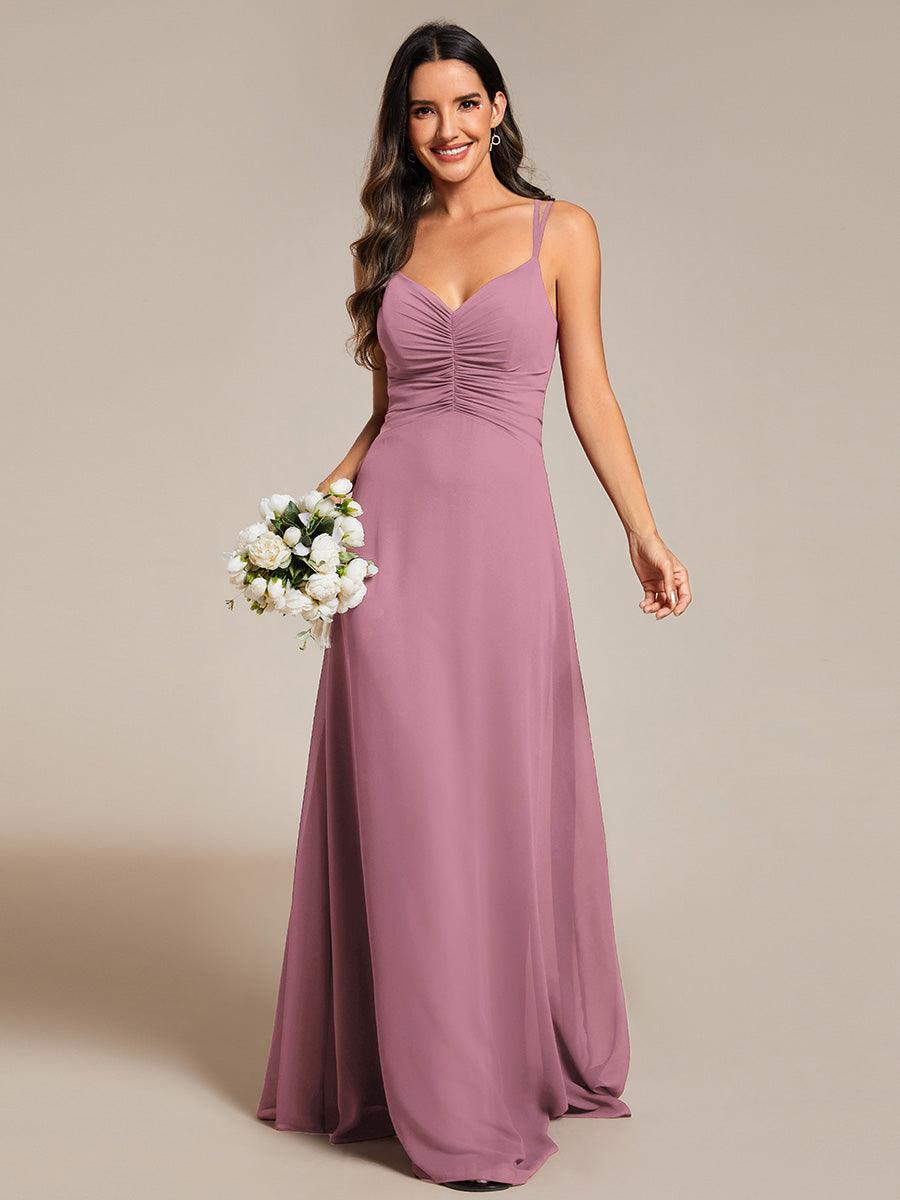 Robe de demoiselle d'honneur plissée chic à bretelles réglables et col en V #Couleur_Orchidee