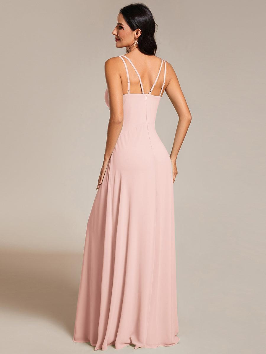 Robe de demoiselle d'honneur plissée chic à bretelles réglables et col en V #Couleur_Rose