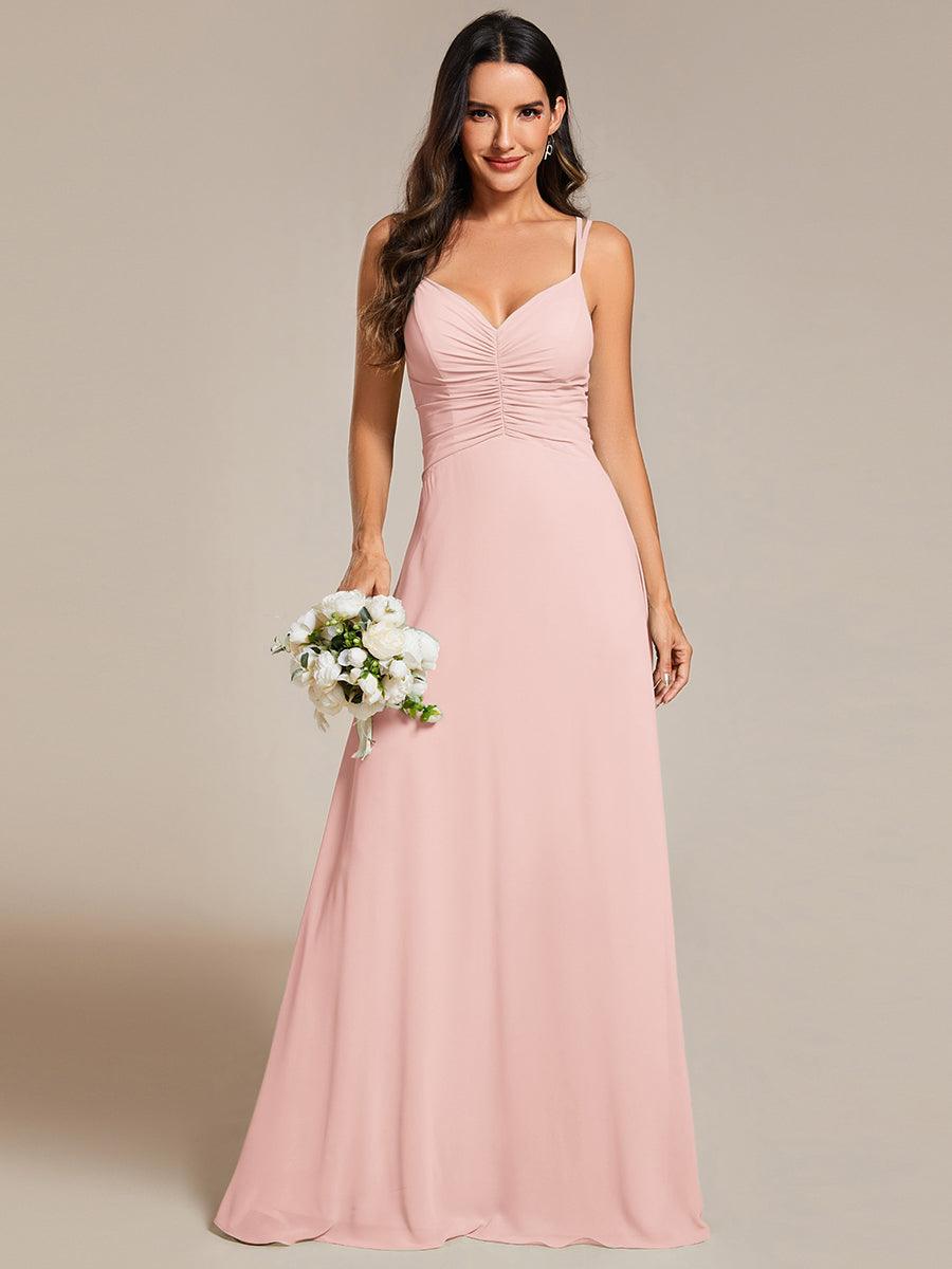 Robe de demoiselle d'honneur plissée chic à bretelles réglables et col en V #Couleur_Rose