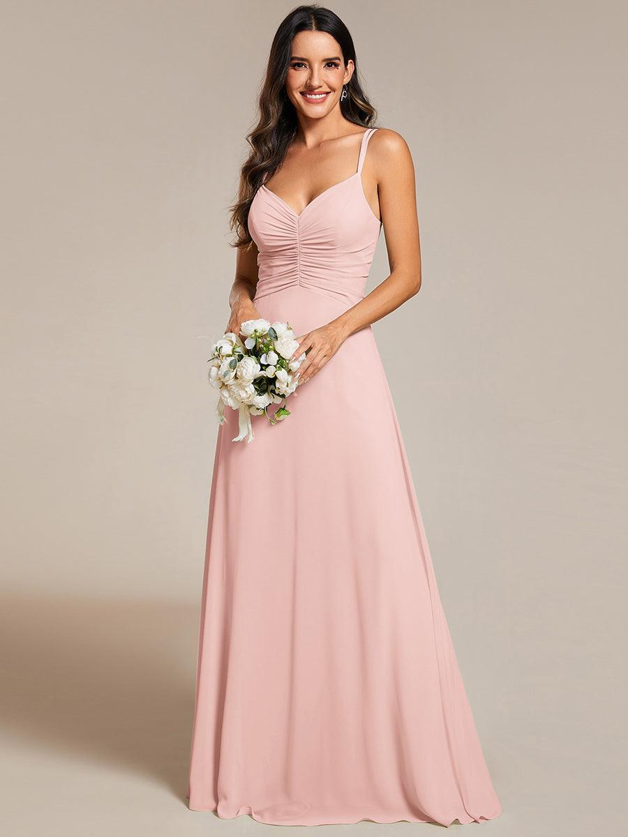 Robe de demoiselle d'honneur plissée chic à bretelles réglables et col en V #Couleur_Rose