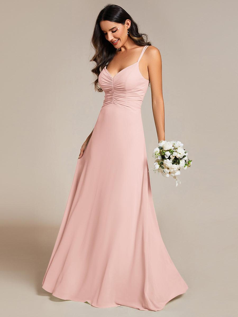 Robe de demoiselle d'honneur plissée chic à bretelles réglables et col en V #Couleur_Rose